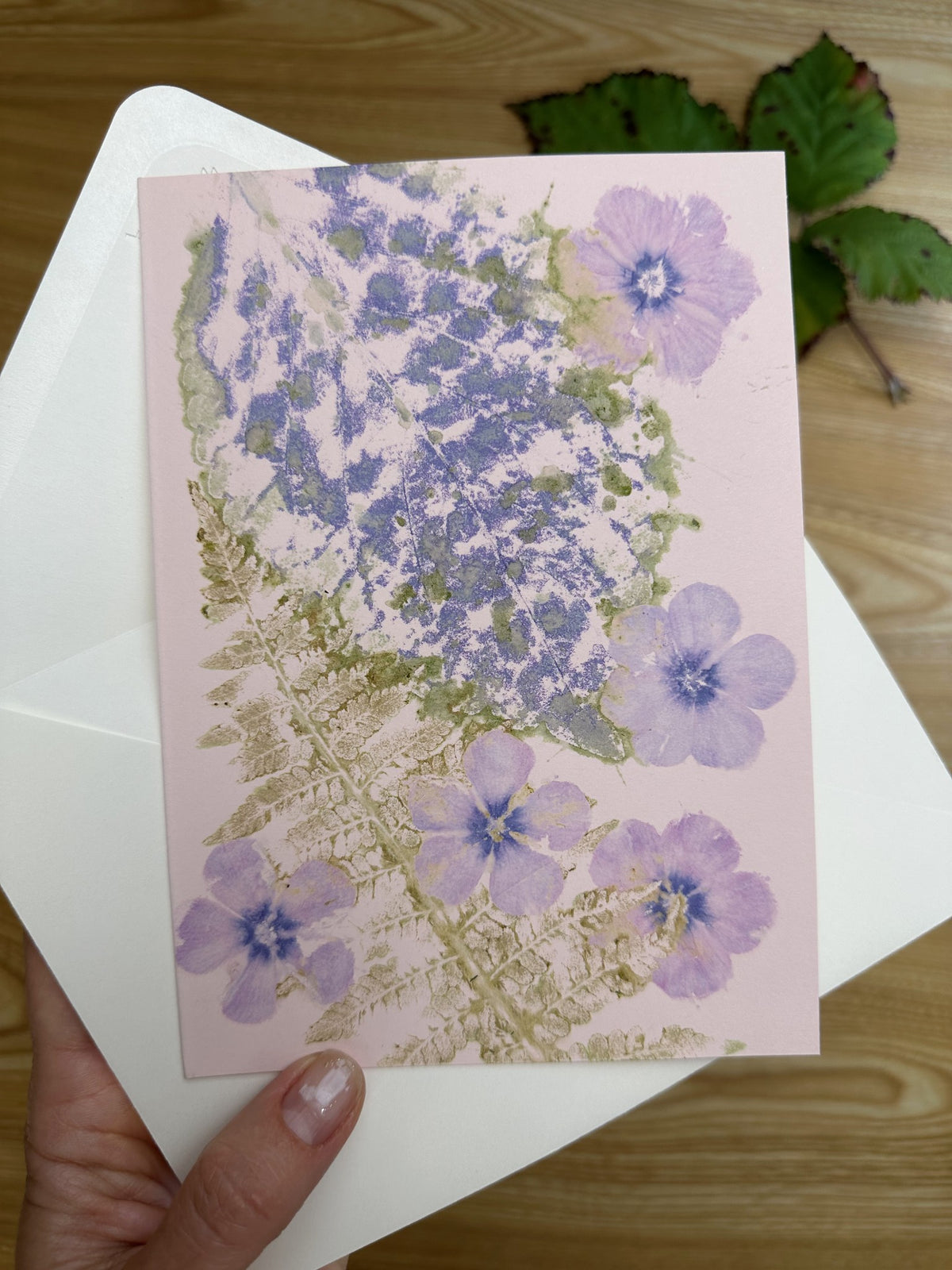 Coleus leaf, phlox and fern. Pink cardstock