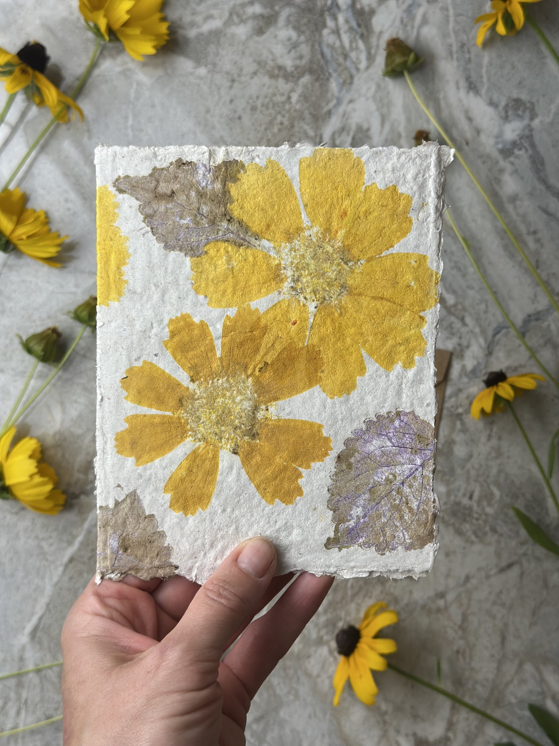 Hand holding a small square of paper with pressed yellow flowers and leaves on a textured surface with additional flowers.