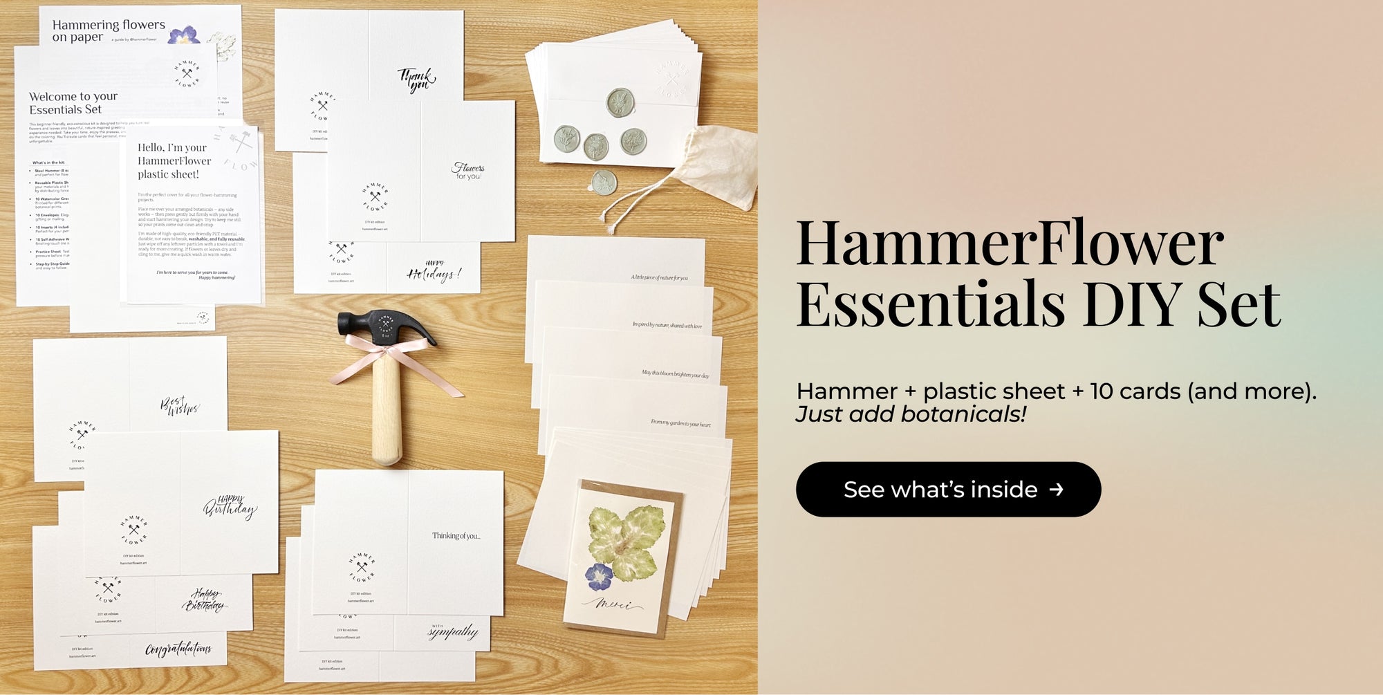 Hammer + plastic sheet + 10 cards in the HammerFlower Essentials DIY Set