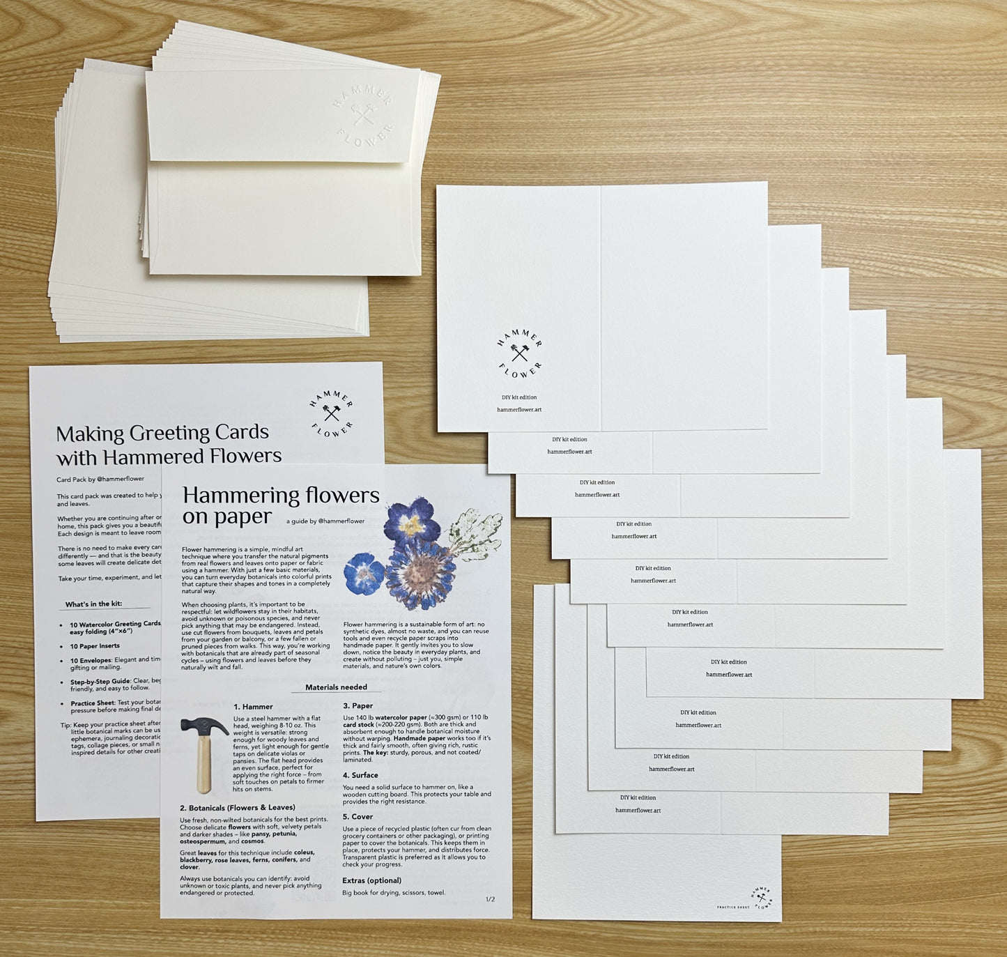 Blank Card Pack contents: watercolor cards, envelopes, paper inserts, practice sheet and flower hammering guides