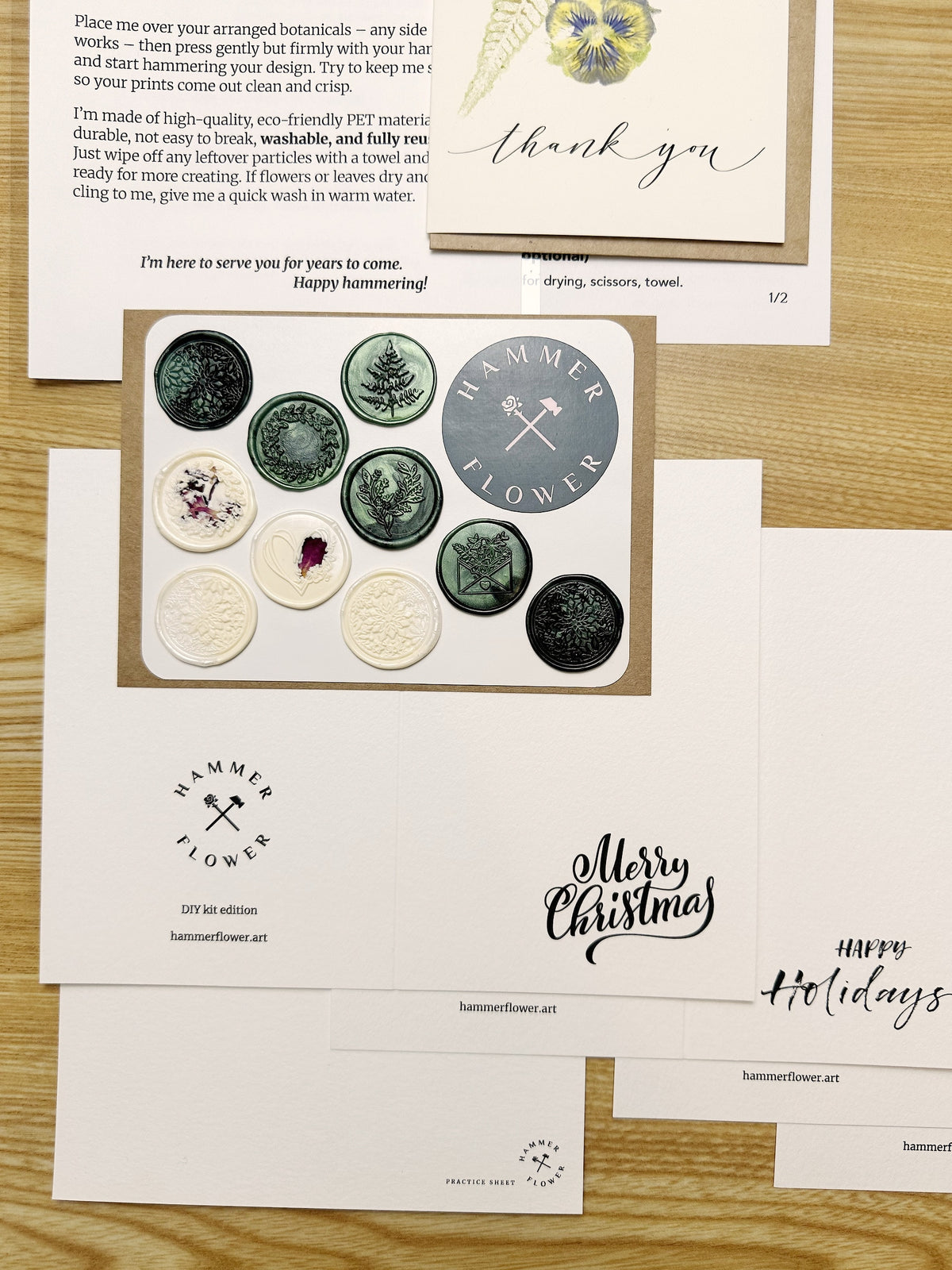 Holiday cards, practice sheet, handmade wax seals, HammerFlower sticker and a finished botanical thank-you card