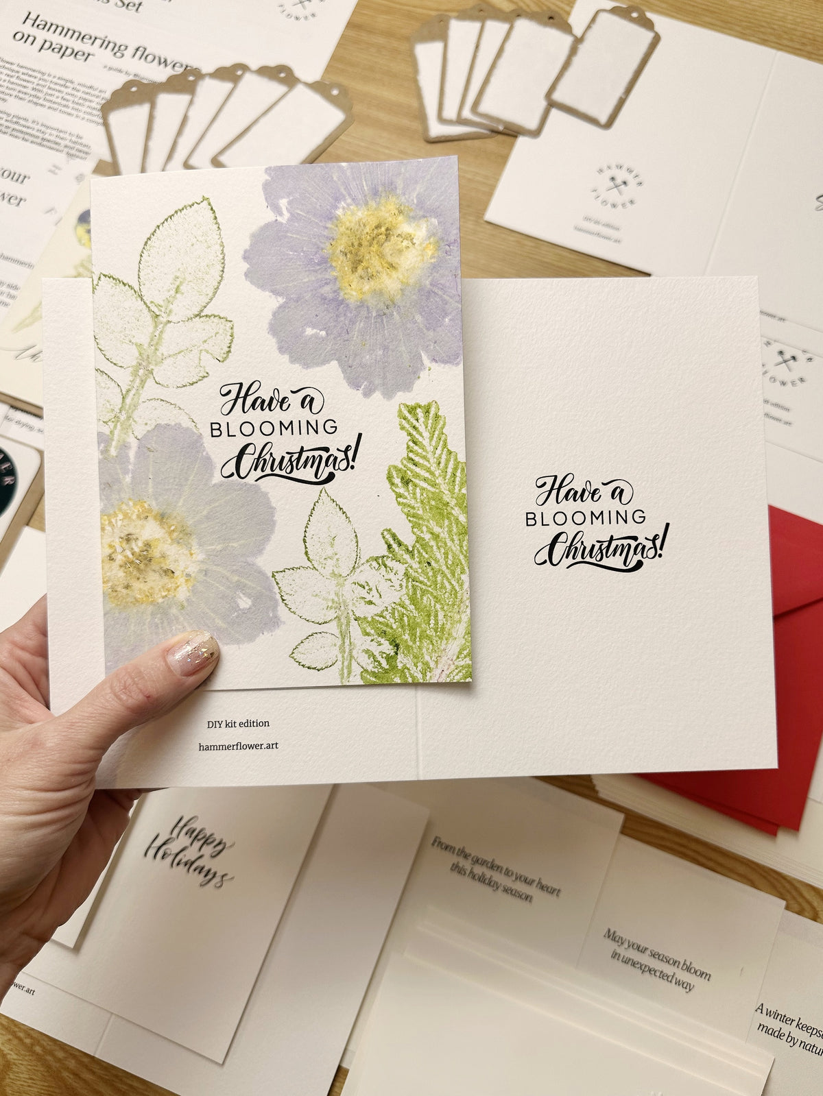 Finished Have a Blooming Christmas botanical card beside an undecorated card